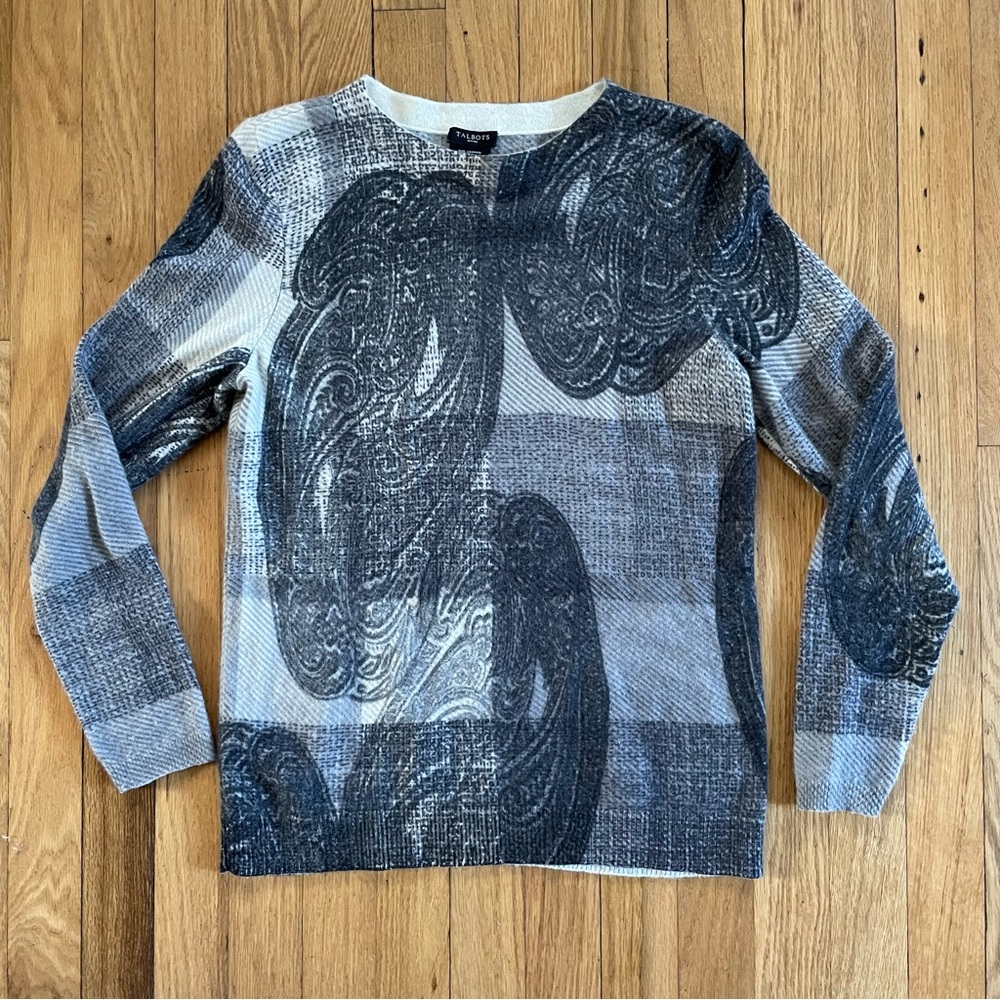 Talbots 100% Cashmere Paisley Print Sweater | Gray and White | Size M